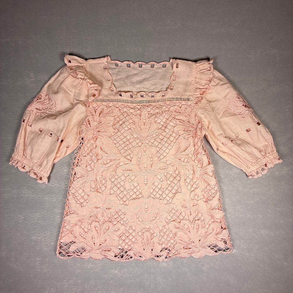 Sundance pink lace blouse - crochet knit linen cotton square neck delicate sz M